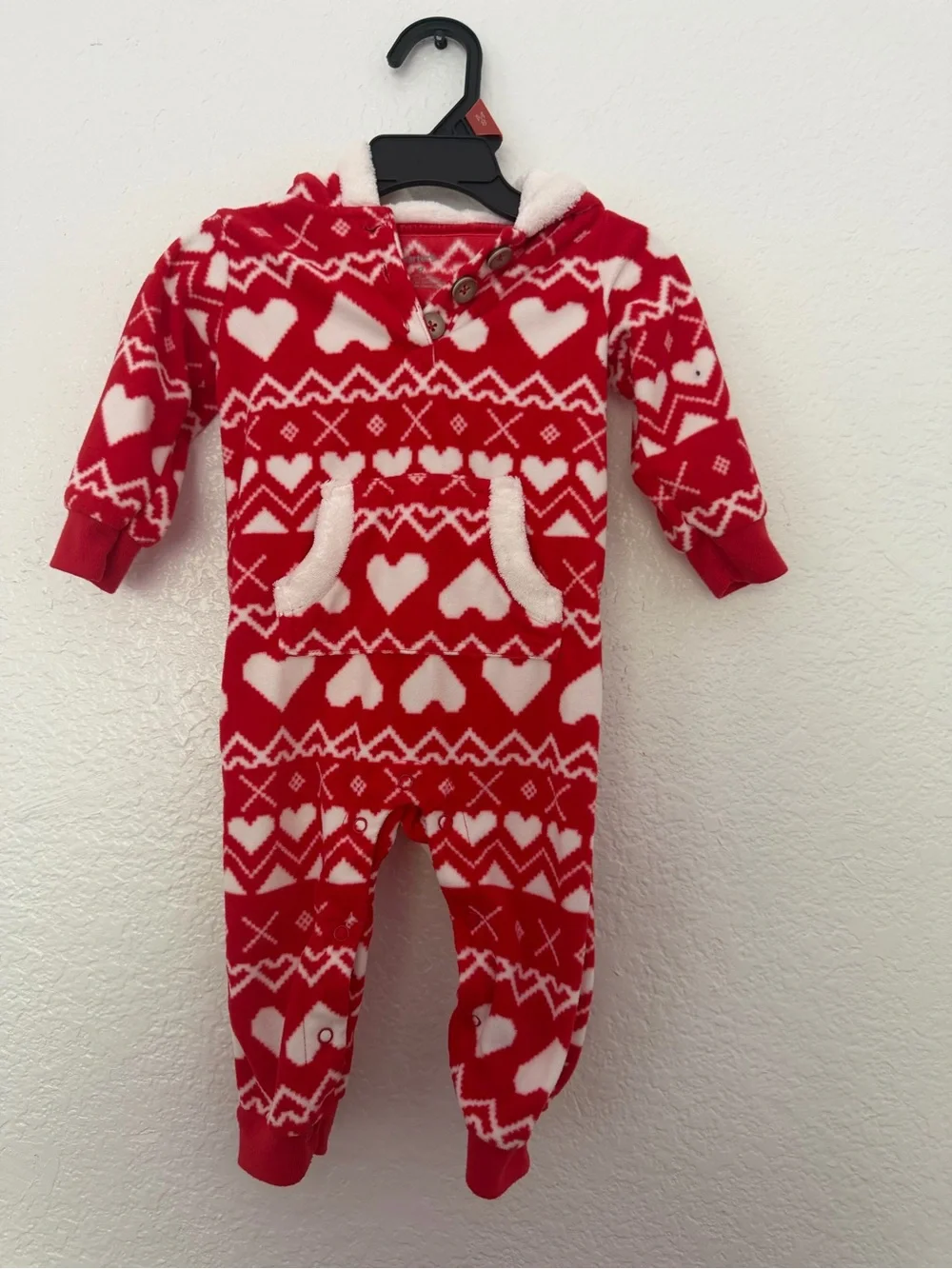 Carter’s Baby 9M Red Heart Fair Isle Fleece Hooded One-Piece Jumpsuit Romper